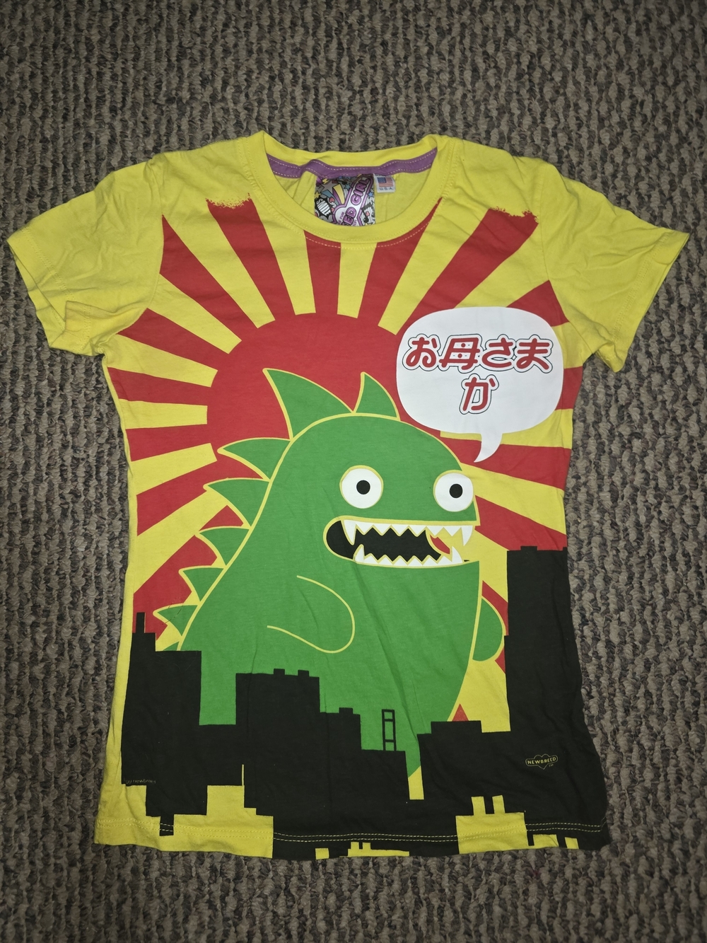 Y2k Newbreed Girl Yellow Tee with Green Dino Graphic Size Small
